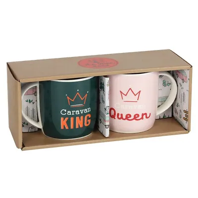 Caravan King Queen Couple Set Tea Mug Coffee Cup Hot Drinks China Pink Green X2 • £13.95
