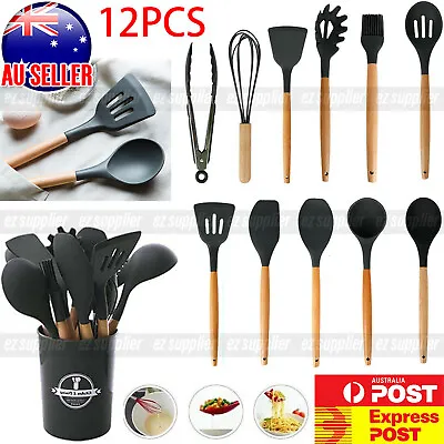 $21.92 • Buy Set Of 12 Silicone Utensils Set Wooden Cooking Kitchen Baking Cookware HO