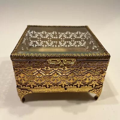 Vintage Brass And Glass Hinged Lid Jewelry Trinket Box Estate Find As-Is • $10