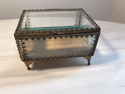 Vintage French Beveled Glass Vitrine Display Jewelry Trinket Box Gold Tone FLAW • $25