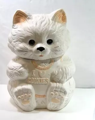 Vintage   I Love Cookies   White Kitty Cat Cookie Jar   11  Tall - Adorable! • $45