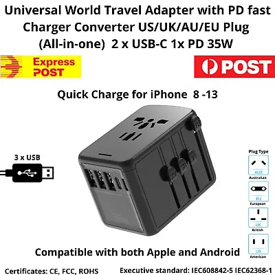 $19.95 • Buy 35W Universal World Travel Adapter 3 X USB + 1 X Type C + 1 X Type C PD (Black)