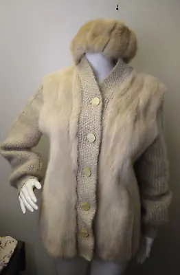 Stunning KERSTEN'S Blonde Mink Wool Cable Cardigan Sweater Hat 60s Sz L Lined • $425