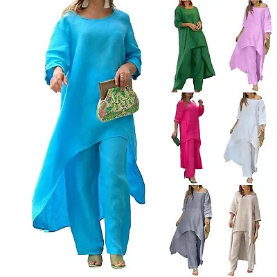 Women Cotton Linen Loose Loungewear Suit Hemd Tops Pants Tracksuit Set Plus Size • $28