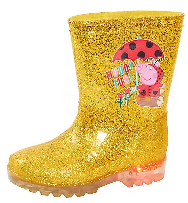 Peppa Pig Light Up Golden Wellington Boots Kids Flashing Glitter Snow Wellies • £14.95