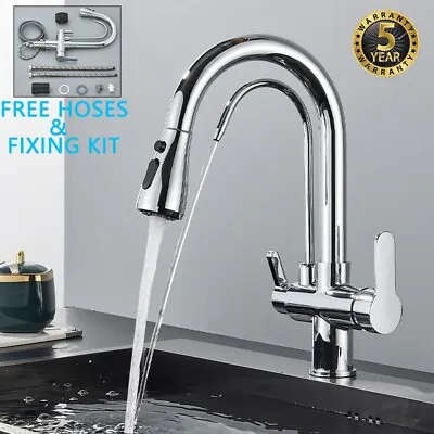 Modern Pull Out 3 Way Filter Kitchen Mixer Tap Dual Spout Spray Monobloc Chrome • £59