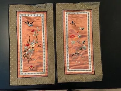 Pair Beautiful Vintage Chinese Silk Embroidery Panel Floral Bird Tapestry Lot • $20