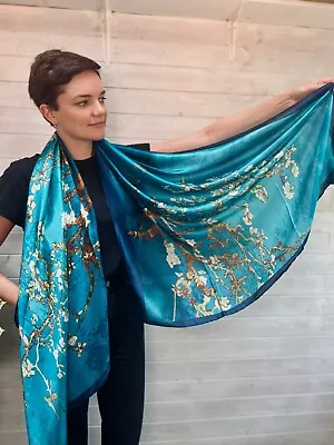 SALE!!! Luxurious 100% Silk Scarf. Van Gogh's Turquoise Almond Blossom 180x90cm. • £16.50