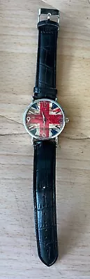 Vintage Eiger Union Jack Unisex Watch Black Faux Leather Strap Needs Battery • £9.99