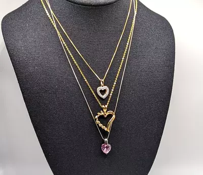 Vintage Heart Pendant Necklace Lot Rhinestone Gold Tone Silver Tone Layering • $29.99