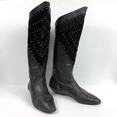 Mia 80's Black Leather Suede Sz 8.5 Mid Calf Boots Pull On Vintage Diamond Studs • $17.50