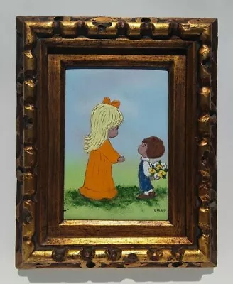 Signed Diane Mingolla Boy Giving A Girl Flowers Enamel On Copper Painting Listed • $89.99