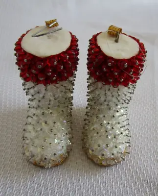 Vintage Sequin Beaded Push Pin Hand Made Christmas OrnamentS BOOTS LOT OF 2 • $17