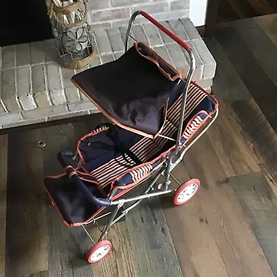 Vintage Doll Stroller Foldable Metal Fabric 24x13x25” Red White Blue Collapsible • $65.08