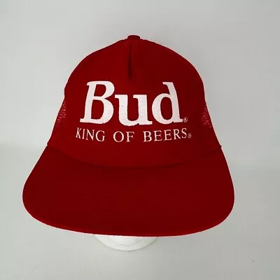 VTG Bud King Of Beers Snapback Trucker Hat Adjustable Stylemaster Red Mesh 80s • $23.95