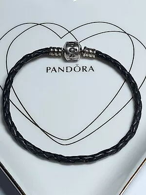 Genuine Pandora Silver Clasp Black Leather Charm Bracelet  925 ALE 18cms • £25