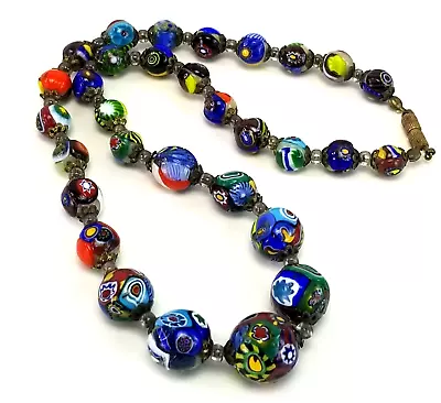 Vintage Venetian Murano Moretti Millefiori Mosaic Glass Beads Necklace 17.5  • $149