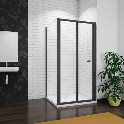 Bathroom Matt Black Bi Fold Shower Enclosure Shower Door Screen Safety Glass 5mm • £120