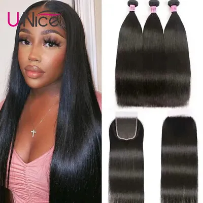 UNice Hair Peruvian Straight Bundles Human Hair Extension With Lace Closure Weft • $160.47