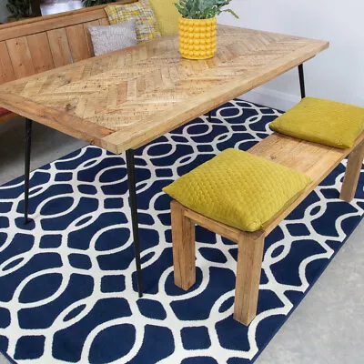 Blue Navy Living Room Rugs Denim Small Large Geometric Rugs Long Hallway Runners • £31.95