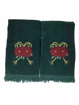 Vintage Christmas Hand Towel Cecil Saydah Green W Red Poinsettia 22”x15” Qty. 2 • $18.95