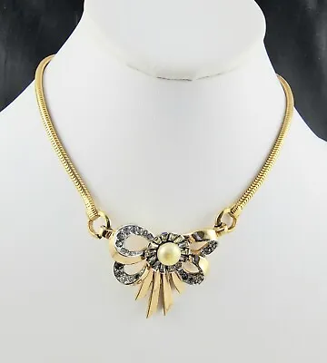 Vintage Signed MAZER Rhinestone & Faux Pearl Bow Necklace Choker • $92.95