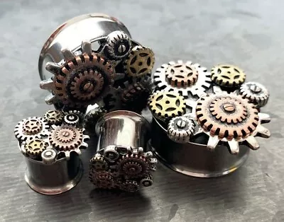 PAIR Steampunk Gears Tunnels Double Flare Surgical Steel Plugs Earlet Gauges • $15.95