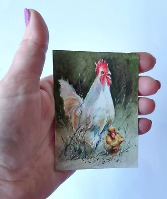 Original Not A Print ACEO Watercolour Miniature Signed. Rooster & Duckling . :) • £8