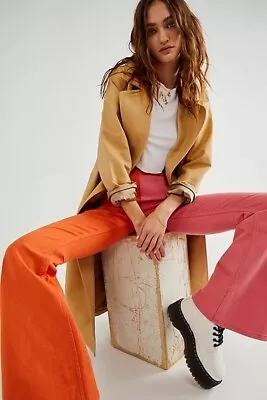 $96 • Buy NWT FREE PEOPLE Sz 30 PENNY PULL ON COLOR BLOCK FLARES ORANGE BUBBLEGUM