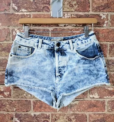 Topshop Moto 28 High Waisted Acid Wash Shorts Denim Jeans Frayed Daisy Dukes • £14.20
