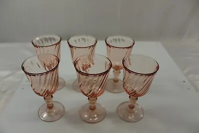 Vintage Pink Glass Stemware Wine Goblets Swirl Stripe Set Of 6 • $48.21