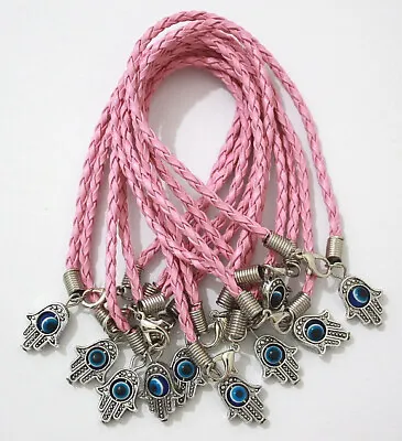 10 X Pink Silver Charm Leather Hamsa Bracelet Evil Eye Hand Of Fatima Job Lot • £9.95
