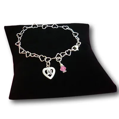 Sterling Silver Heart Chain Bracelet 18th Birthday Gift 18 Charm & Birthstone • £24.99