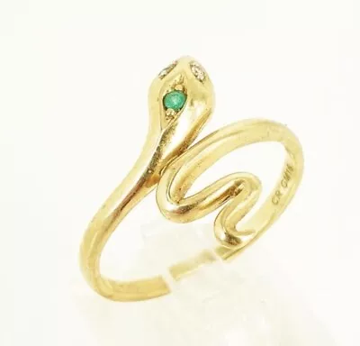 9ct Gold Snake Ring With Diamonds And Emerald Size R Weight 2.2g • £195.78