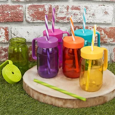 Set Of 6 Colourful Drinking Glass Cold Drinks Jar Mug W/ Handle & Reusable Straw • £12.99