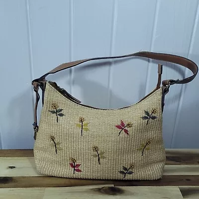 Fossil Vintage Bag Woven Straw & Leather Embroidered Beaded Floral Shoulder Bag • $19.79