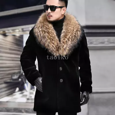 Men Faux Raccoon Fur Lapel Collar Mid Long Coat Jacket Outwear Parka Overcoat XL • $120.79