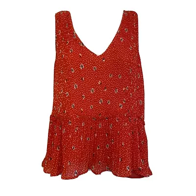 Zara Trf Womens Sz M Red Daisy Floral Polka Dot Pleated V Neck Peplum Top • $17.60