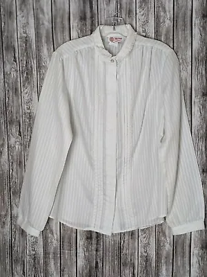 Women's Vintage White Pleated & Lace Hidden Button Long Sleeve Collared Shirt M • $21