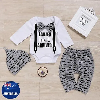 Newborn Kids Baby Boys Gentleman Clothes Romper Tops Pants Hat 3PCS Outfits Set • $29.19