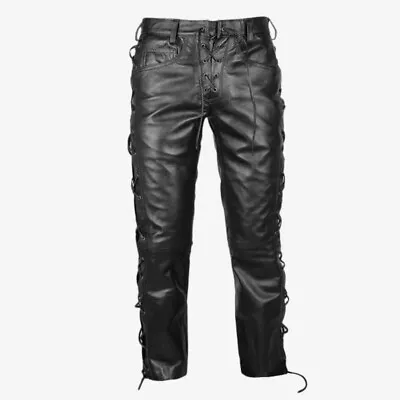 Men's Genuine Leather Pants With Zipper Soft Lambskin Leather Biker Trouser Pant • $123