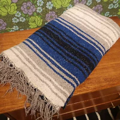 Blue Grey Mexican Woven Stripy Falsa Yoga  Blanket Throw • £22.99