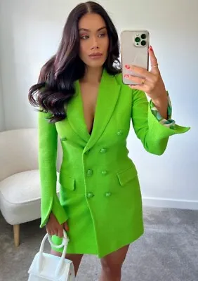 Bnwt Zara Neon Green Tweed Blazer Dress Textured Double Breasted Size Xs • £59.99