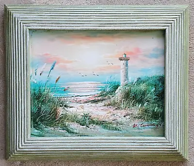 Vintage Painting Seaside Lighthouse Seascape Beach Coastal Landscape Bird Sunset • $34.99