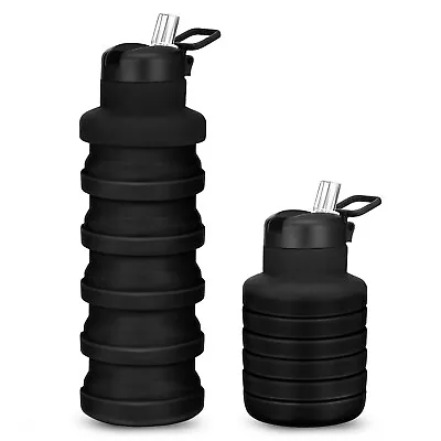 Foldable Water Bottle Black With Straw 500ml Collapsible Silicone Drink Outdoor • £4.99
