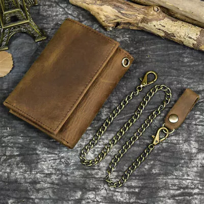 Men's Chain Wallet Leather Tri-fold Vintage Biker With Snap Closur CARD Holder Q • $16.99