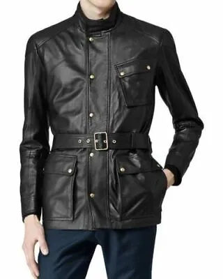 Men Leather Car Coat Black Real Lambskin Leather 3/4 Duffle Autumn/Winter Jacket • $239.20