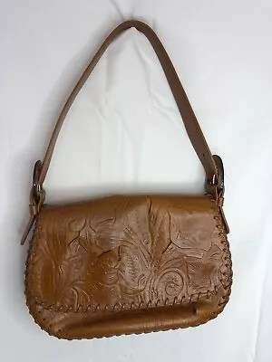 EUC Via Spiga Tooled Brown Leather & Canvas Shoulder Bag Purse • $15.88