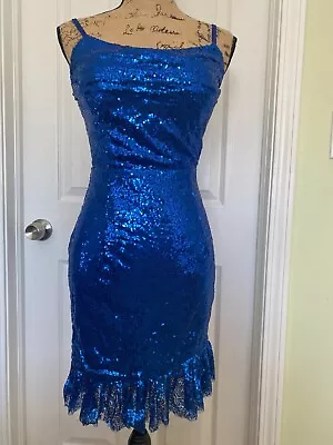 Women’s Short Homecoming Dress Teens Ruffle Hem Sparkly Sequin Cowl Neck Blue S • $19.99