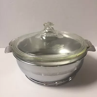 Vintage Clear Glass Etched Pyrex Casserole Dish Metal Farberware Caddy 1.5 QT • $18.98